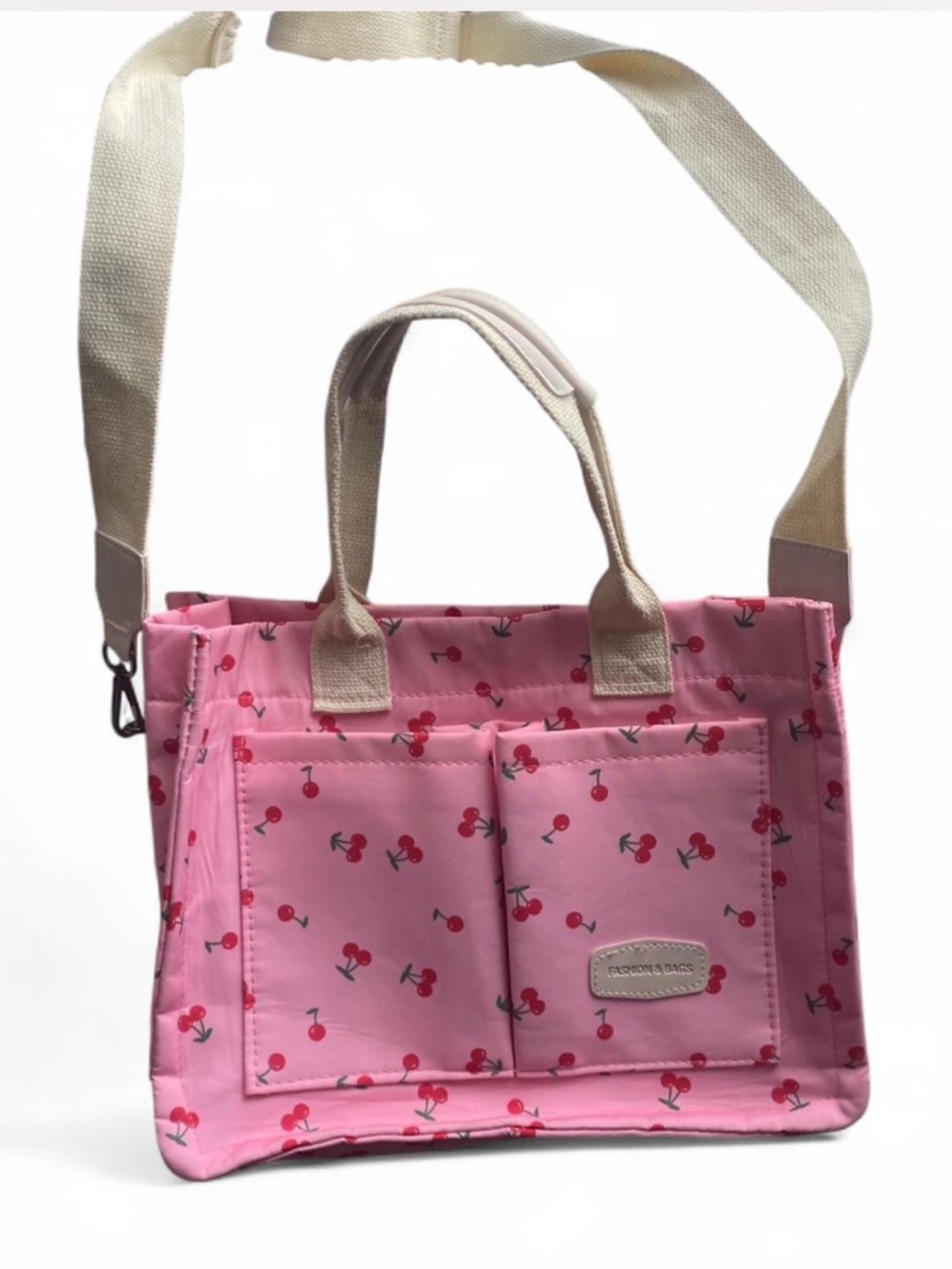 Pink Cherry Print Tote Bag with Adjustable and Removable Strap